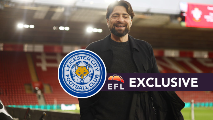 Former Southampton manager Russell Martin, Leicester City badge and EFL Analysis exclusive banner