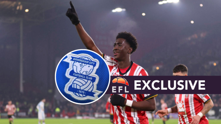 Jesurun Rak-Sakyi celebrates after scoring on loan at Sheffield United, and inset, Birmingham City badge with EFL Analysis exclusive banner