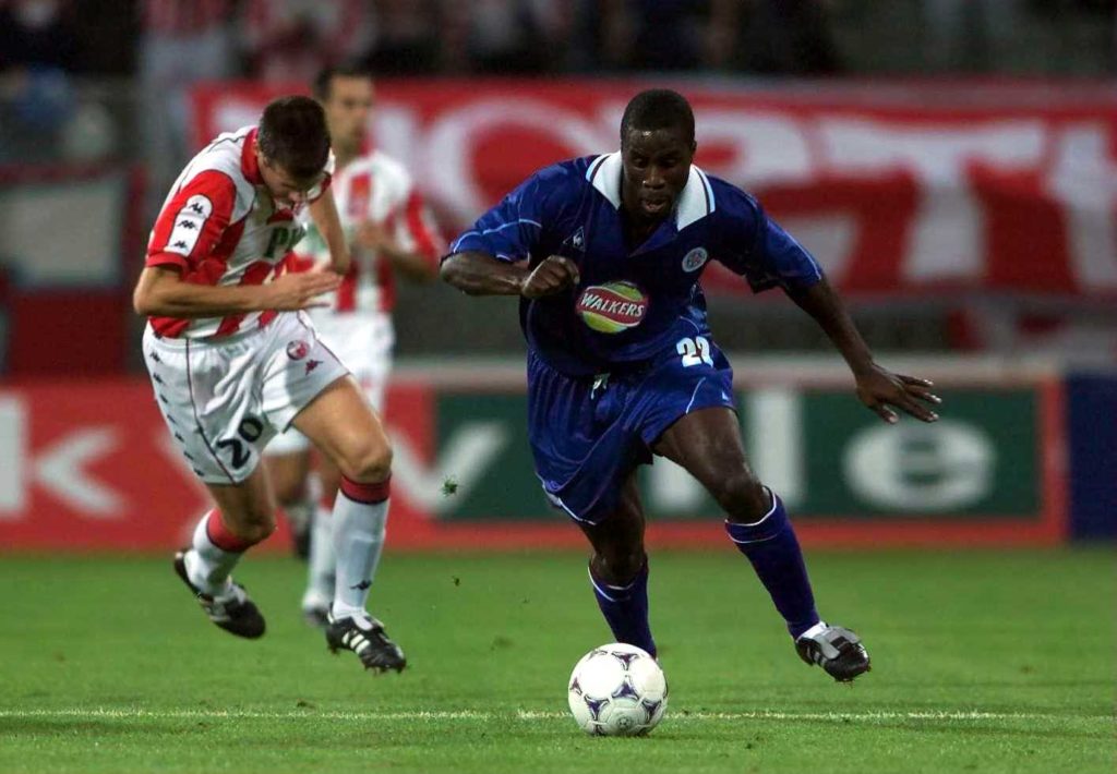 Ade Akinbiyi of Leicester City battles for the ball with Nenad Lalatovic of Red Star during the UEFA Cup 1st round