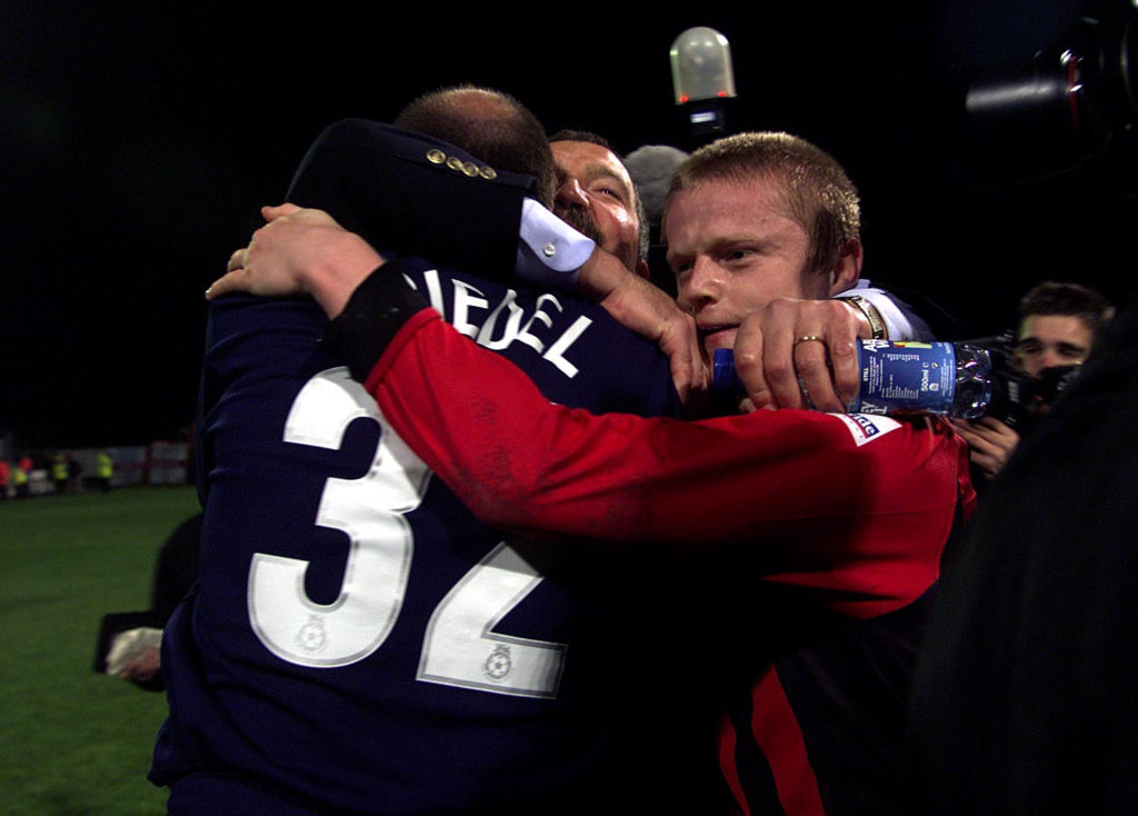 Damian Duff celebrating promotion to Premier League from the Championship with Graeme Souness and Brad Friedel