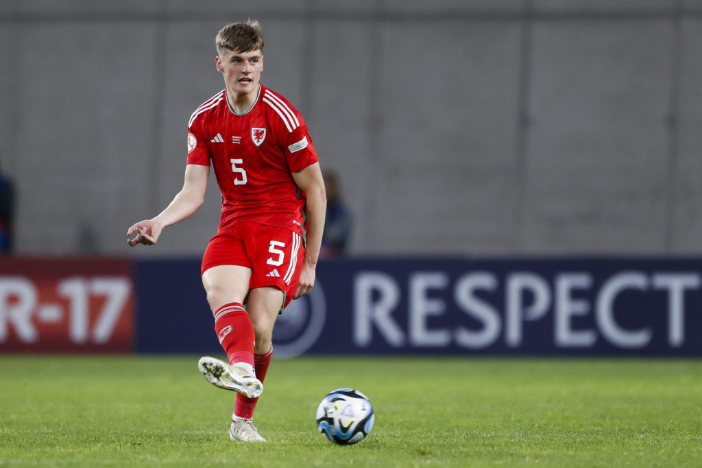 Dylan Lawlor of Wales passes the ball during the UEFA European Under-17 Championship 2023 Group A match between Hungary and Wales