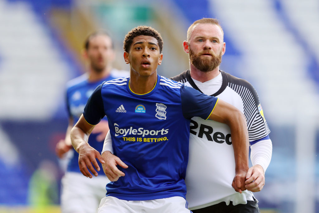 Jude Bellingham of Birmingham City and Wayne Rooney of Derby County during the Sky Bet Championship match between Birmingham City and Derby County