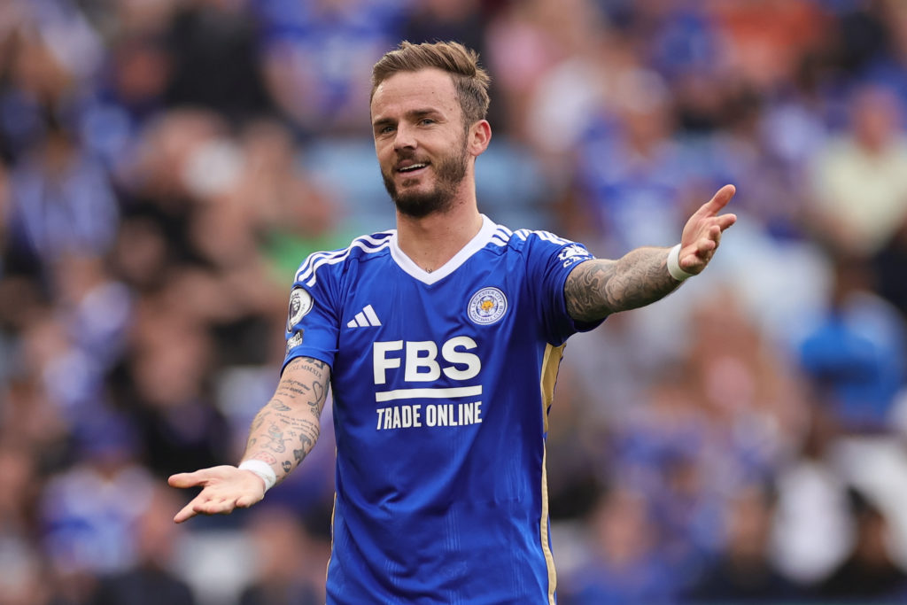 James Maddison of Leicester City gestures during the Premier League match between Leicester City and West Ham United at the King Power Stadium, Leicester on Sunday 28th May 2023.