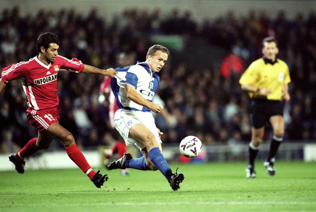 Kevin Davies playing for Blackburn Rovers in the UEFA Cup against Lyon.