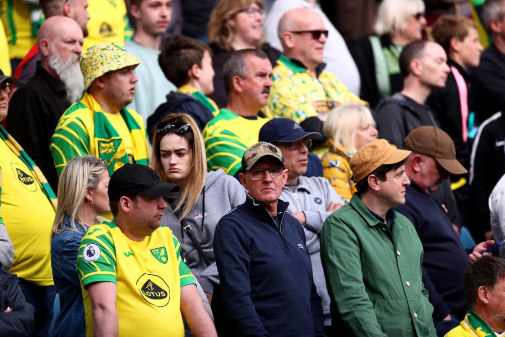 Norwich City fans look dejected following their side's defeat and relegation to the Championship during the Premier League match between Aston Villa and Norwich City