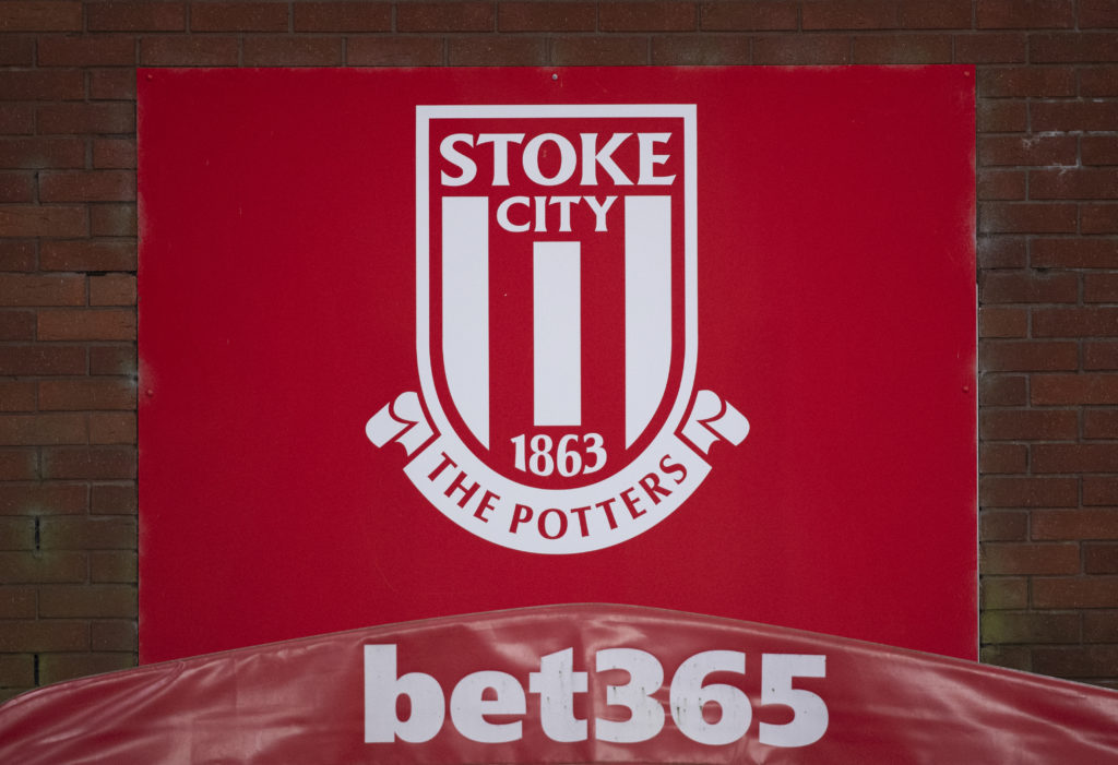 Stoke City badge at the bet365 Stadium before a game v Brighton and Hove Albion: Emirates FA Cup Fifth Round