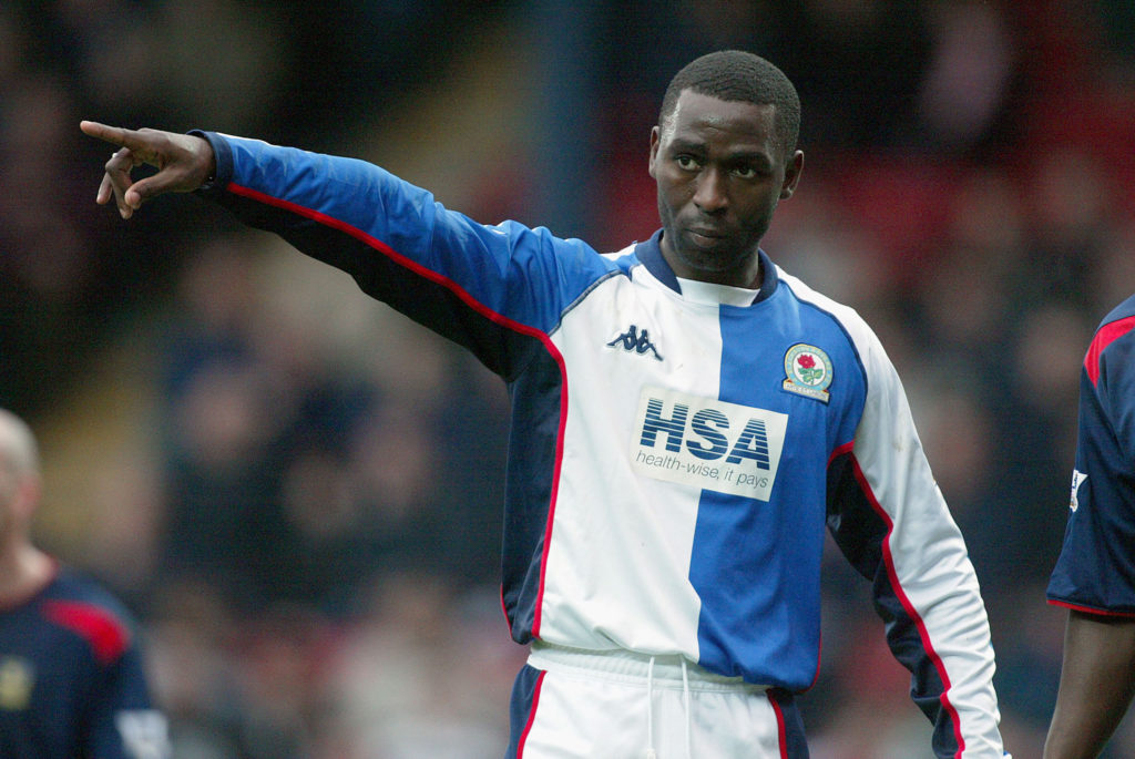 Andy Cole playing for Blackburn Rovers against Portsmouth in the Premier League.
