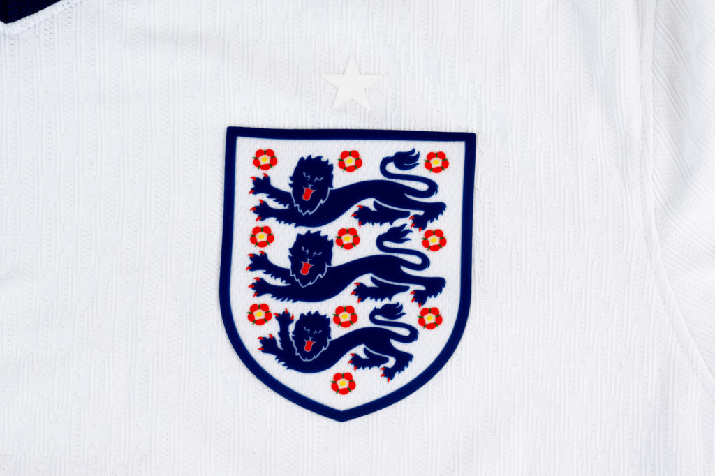 A detailed view of the badge of England during the UEFA EURO 2024 Teams Jerseys Shoot at the UEFA Headquarters