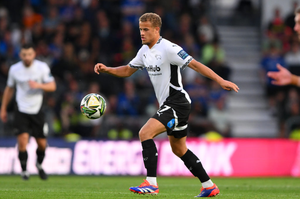 Kenzo Goudmijn of Derby County is in action during the Carabao Cup match between Derby County and Chesterfield