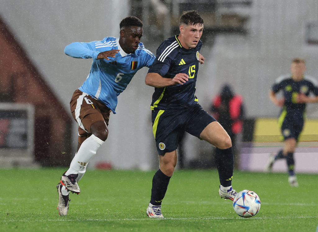 Killian Sardella of Belgium vies with Josh Mulligan of Scotland during the UEFA U21 EURO 2025 qualifying match between Scotland and Belgium