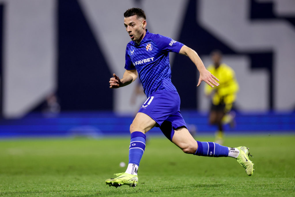 Arber Hoxha playing for Dinamo Zagreb in the Champions League against Dortmund