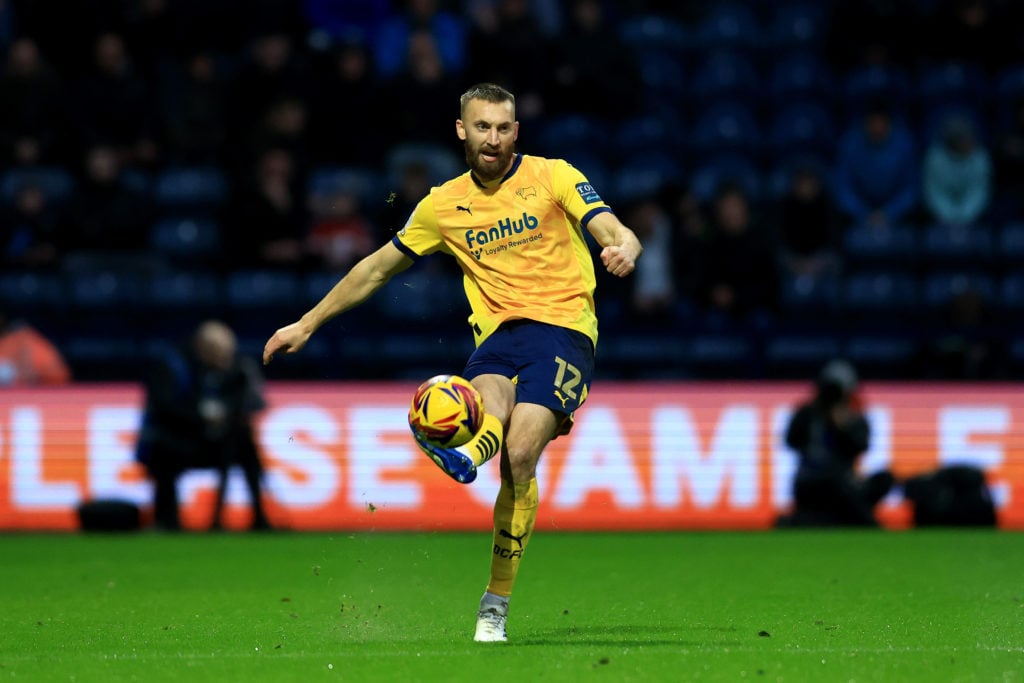 Nat Phillips of Derby County passes the ball during the Sky Bet Championship match between Preston North End FC and Derby County FC