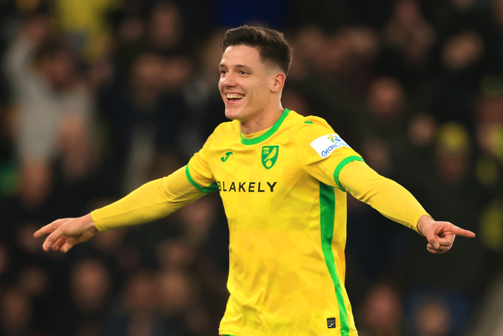 Ante Crnac of Norwich City celebrates scoring their second goal during the Sky Bet Championship match between Norwich City FC and Luton Town FC