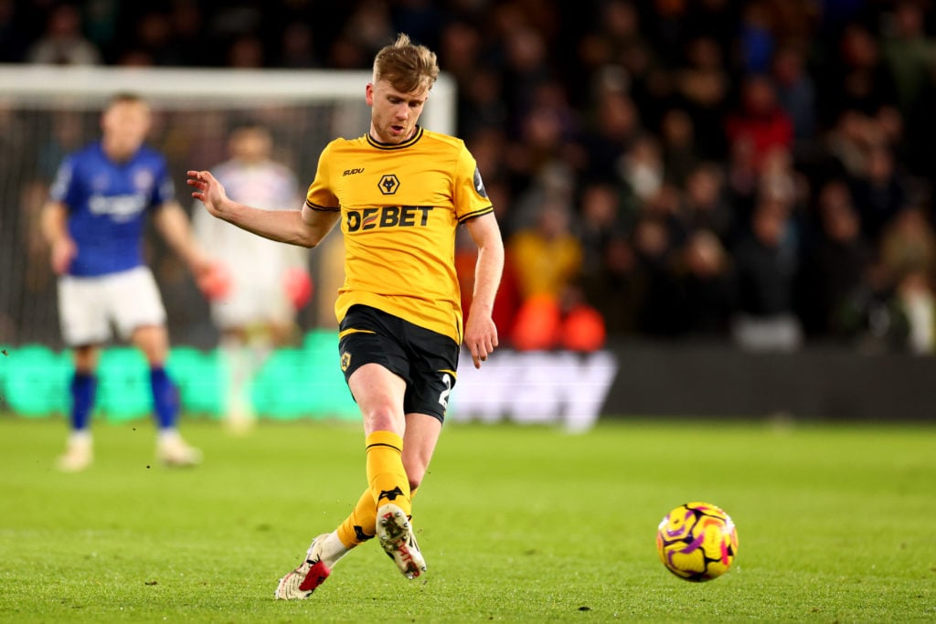 Tommy Doyle tries to play a through ball during the Premier League game between Wolves and Ipswich Town