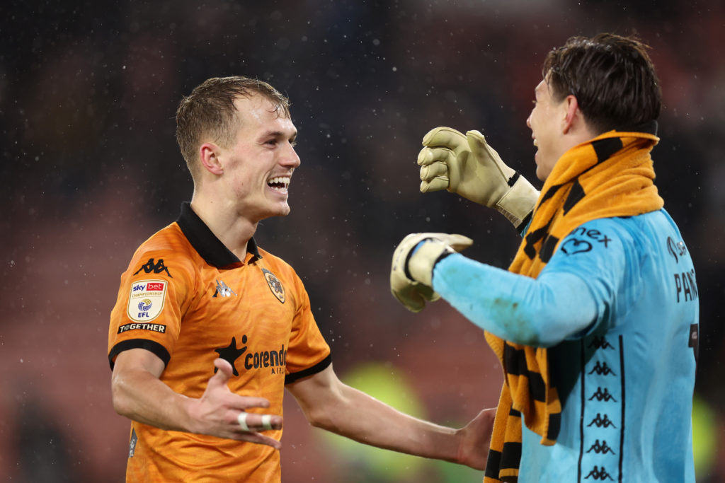Matty Jacob (L) and Ivor Pandur of Hull City celebrate following the team's victory in the Sky Bet Championship match between Sheffield United FC and Hull City AFC