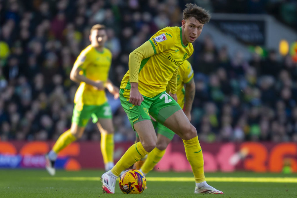 Oscar Schwartau on the ball for Norwich City during a Championship game against Swansea City