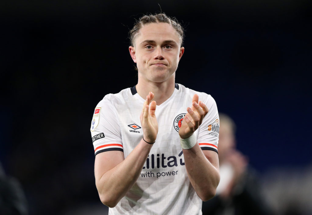 Thelo Aasgaard of Luton Town applauds the fans as he celebrates victory after the Sky Bet Championship match between Cardiff City FC and Luton Town FC