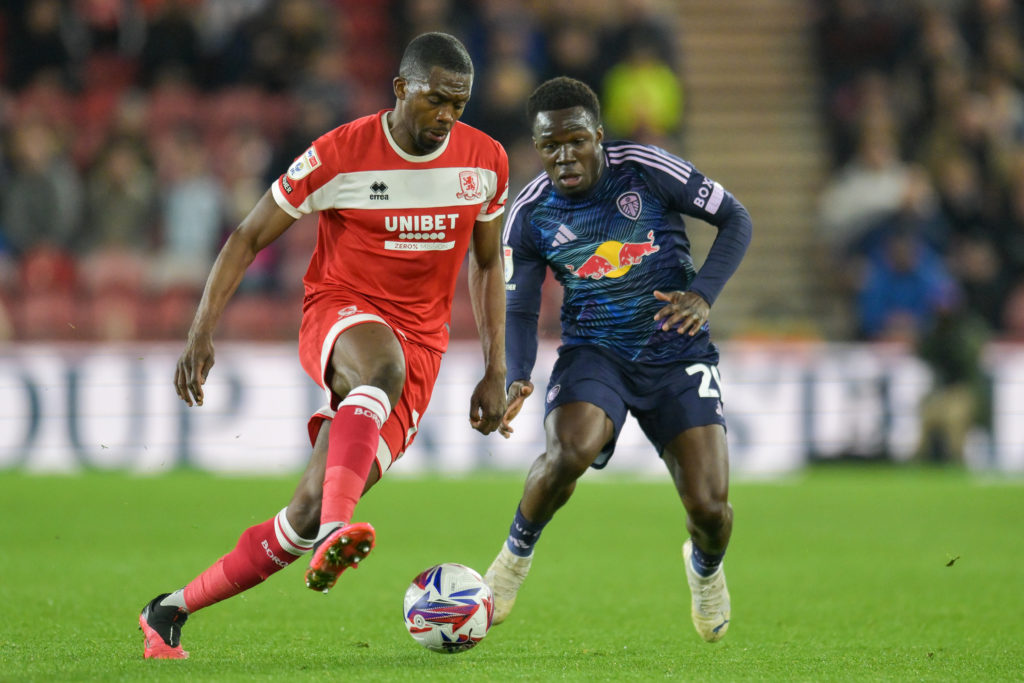 Anfernee Dijksteel of Middlesbrough and Wilfried Gnonto of Leeds United play during the Sky Bet Championship match