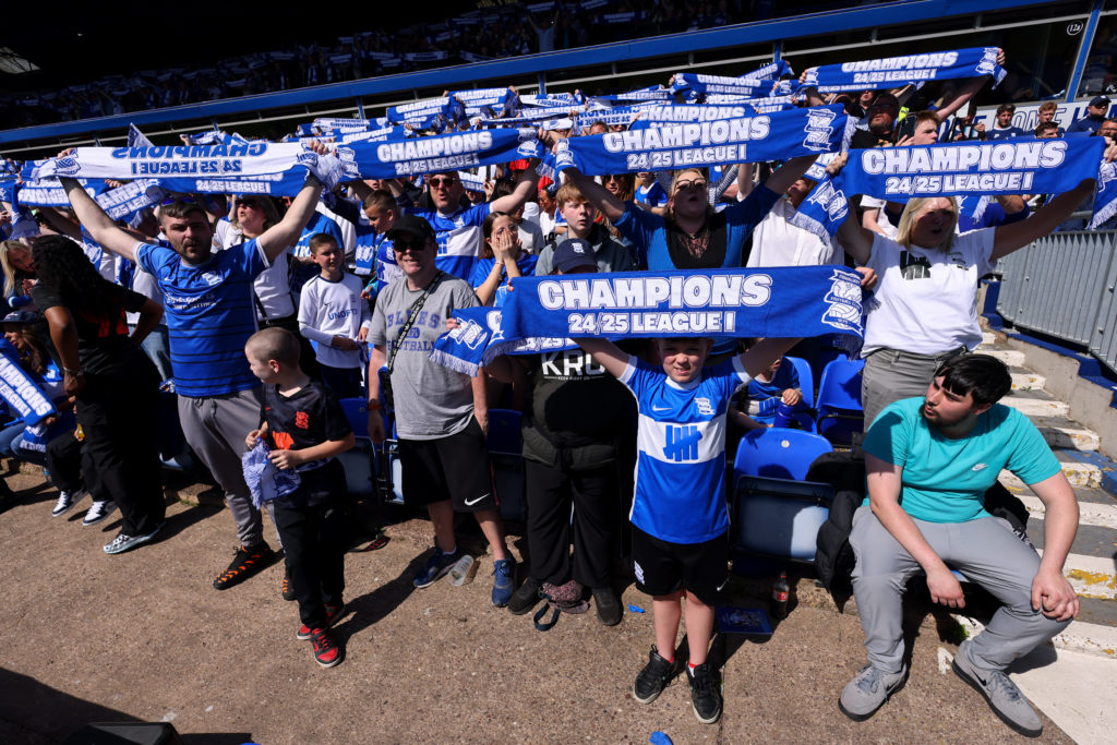 Birmingham City fans celebrating their promotion and crowning as Champions against Mansfield Town