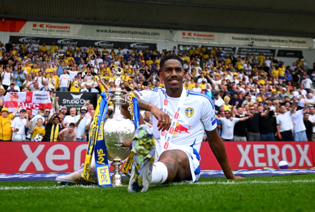Junior Firpo with the Championship trophy after Plymouth Argyle FC v Leeds United FC - Sky Bet Championship