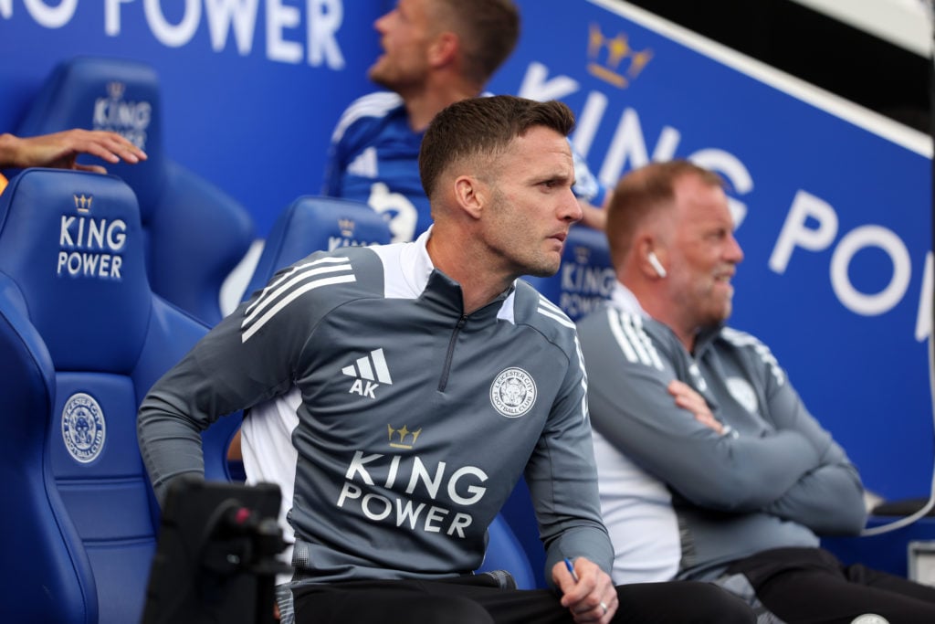 Leicester City coach Andy King takes his seat during the Premier League match against Ipswich Town