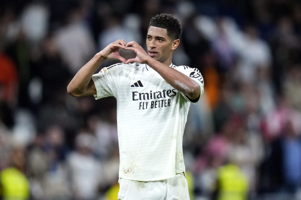 Jude Bellingham of Real Madrid celebrates during the LaLiga match between Real Madrid CF and RCD Mallorca at Estadio Santiago