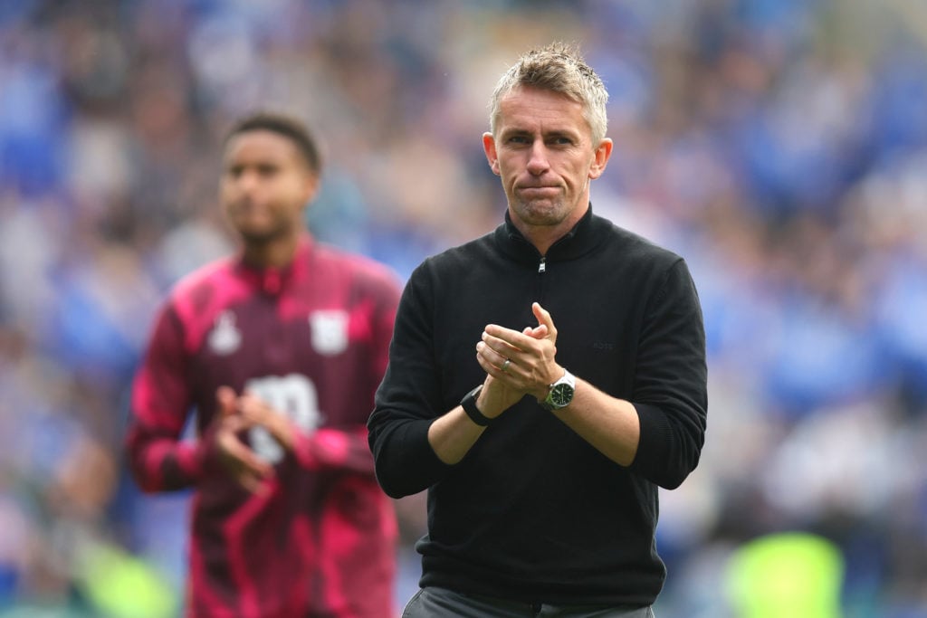 Kieran McKenna, Manager of Ipswich Town, acknowledges the fans following his team's defeat in the Premier League match between Leicester City FC and Ipswich Town FC