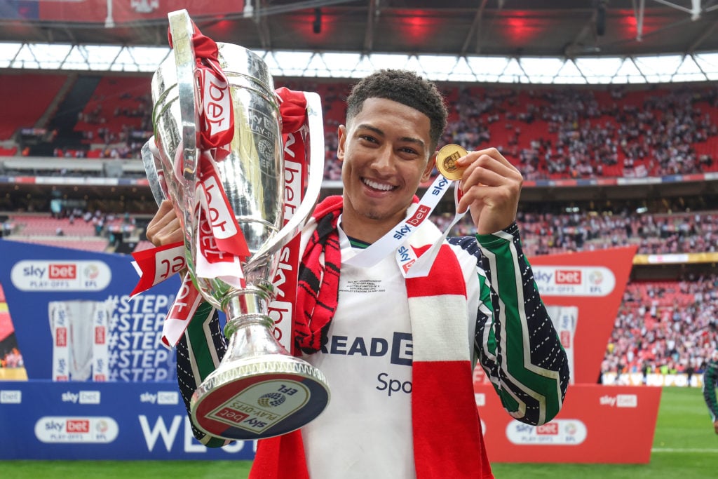 Jobe Bellingham of Sunderland with the trophy and his winners medal during the Sky Bet Championship Play-Off Final match.