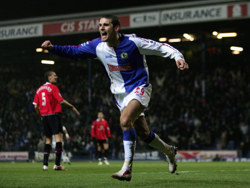 David Bentley celebrating his goal against Manchester United for Blackburn Rovers.