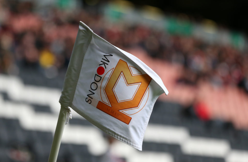 MK Dons club badge on a corner flag during the Sky Bet League One match between MK Dons and Scunthorpe United