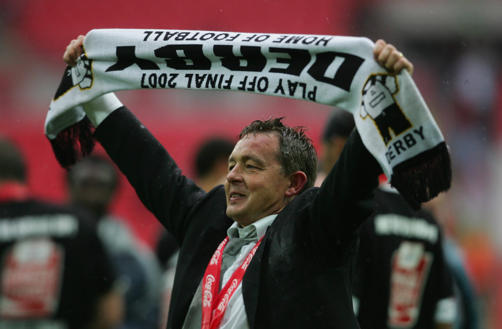 Derby Billy Davies celebrates victory during the Coca-Cola Championship Playoff Final between Derby County and West Bromwich Albion