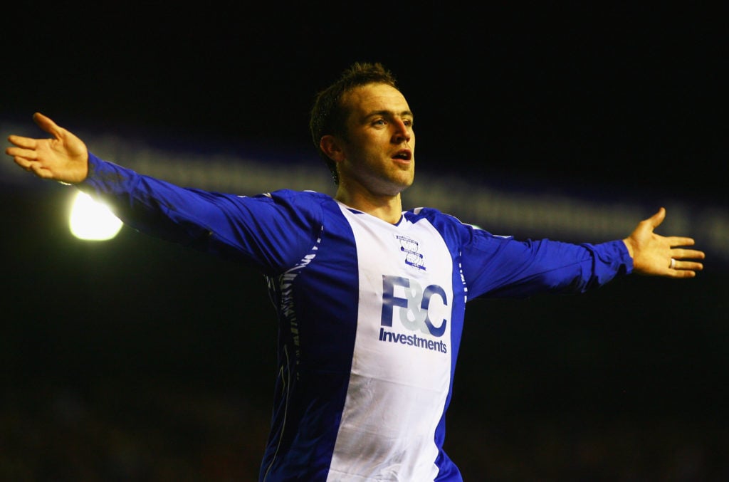 James McFadden of Birmingham celebrates after scoring the opening goal during the Barclays Premier League match between Birmingham City and Newcastle United.