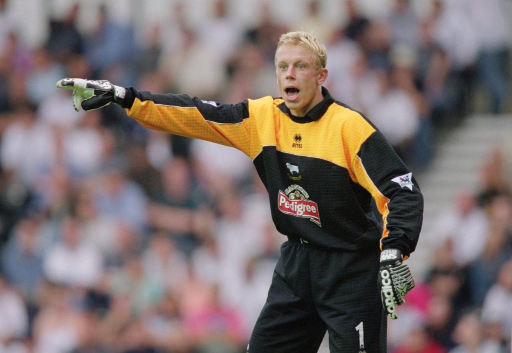 Mart Poom of Derby County shouts out orders during the FA Barclaycard Premiership match against Blackburn Rovers