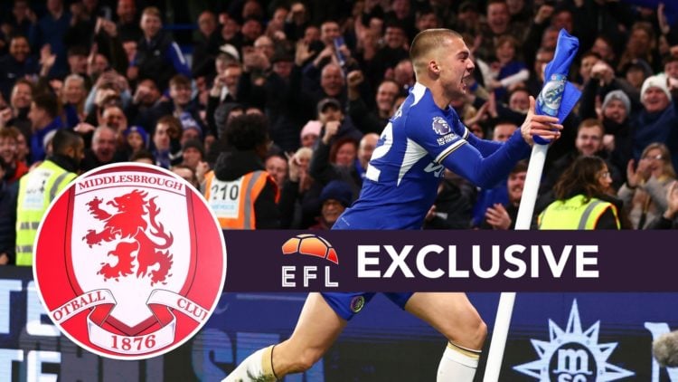 An image of Chelsea's Alfie Gilchrist with an inset of the Middlesbrough badge and exclusive banner.