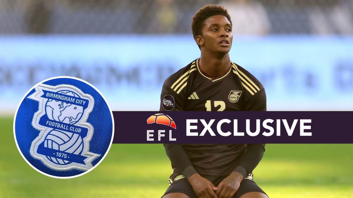 An image of Al-Ettifaq winger Demarai Gray with an inset of the Birmingham City badge and exclusive banner.