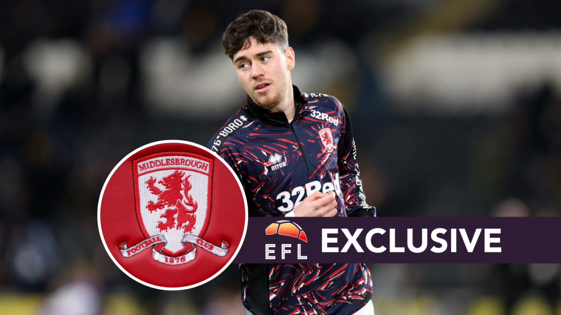 Hayden Hackney of Middlesbrough warms up prior to the Sky Bet Championship match between Hull City AFC and Middlesbrough. Middlesbrough logo on the...