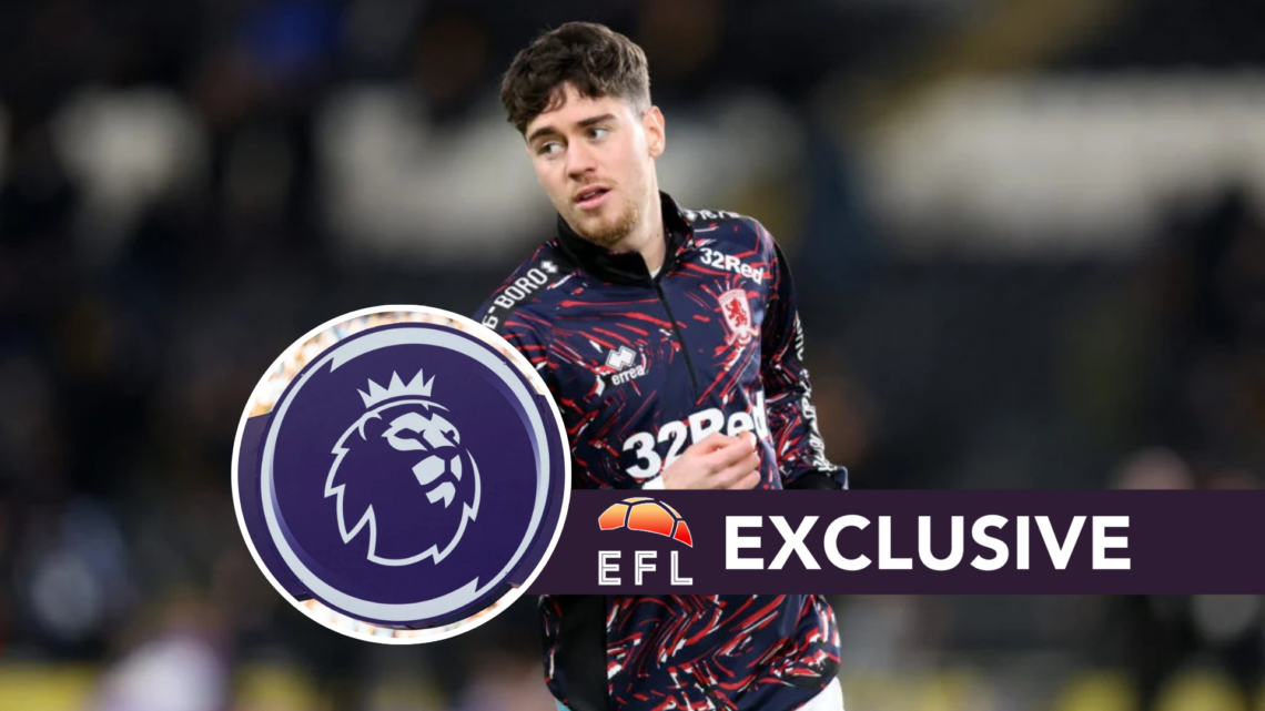 Middlesbrough midfielder Hayden Hackney warms up before a Championship match. Overlaid, the Premier League logo and the EFL Analysis exclusive banner.