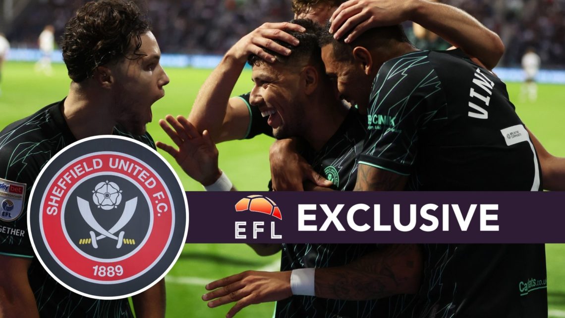 An image of Gustavo Hamer surrounded by teammates with an inset of the Sheffield United badge and exclusive banner.