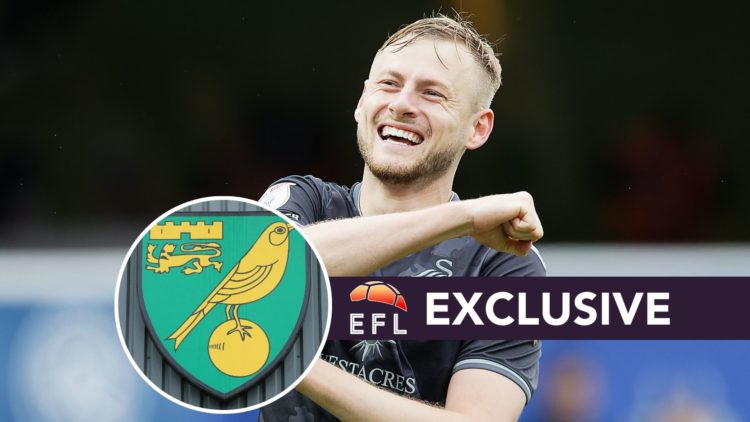 Harry Darling during Queens Park Rangers FC v Swansea City AFC - Sky Bet Championship. Inset, Norwich City badge. Overlaid, EFL Analysis exclusive ...