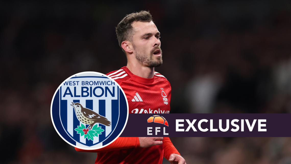 Harry Toffolo playing for Nottingham Forest. Inset, West Brom badge. Overlaid, exclusive branding.