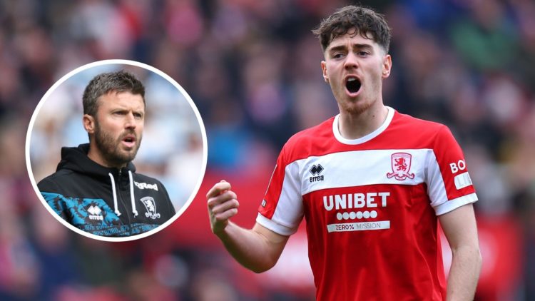 Hayden Hackney of Middlesbrough reacts during the Sky Bet Championship match between Middlesbrough FC and Derby County FC. Inset, Michael Carrick, ...