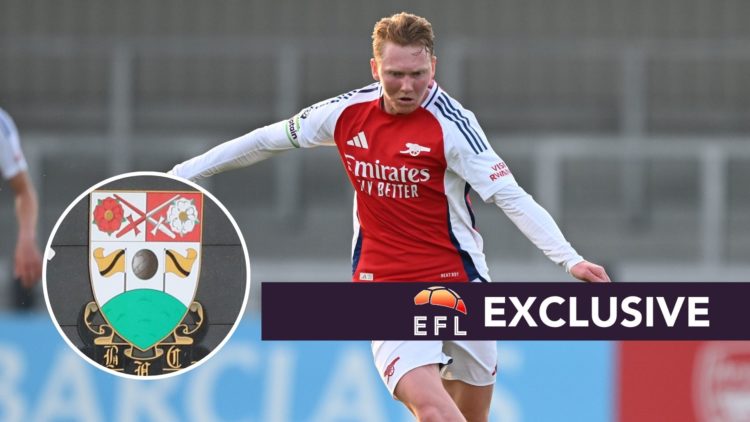 Jack Henry-Francis captains Arsenal U21s during a Premier League 2 game, an inset of newly-promoted Barnet's badge