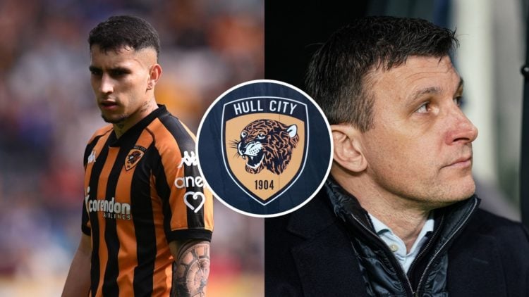 A split image of Hull City's Gustavo Puerta and Sergej Jakirovic with an inset of the Hull City badge.