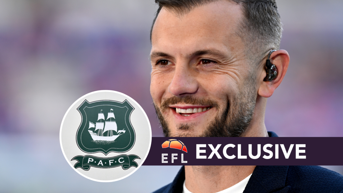 Jack Wilshere appearing as a pundit on TV. Inset, Plymouth Argyle badge. Overlaid, exclusive branding.