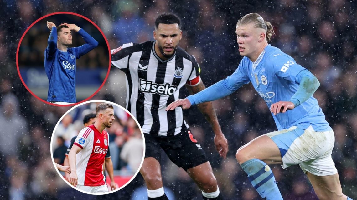 Main image, Erling Haaland of Manchester City runs with the ball whilst under pressure from Jamaal Lascelles and Lewis Hall of Newcastle United dur...
