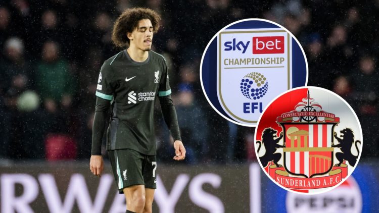 Jayden Danns of Liverpool FC reacts after the 3-2 during the UEFA Champions League match between PSV Eindhoven and Liverpool FC. Inset, Sunderland ...