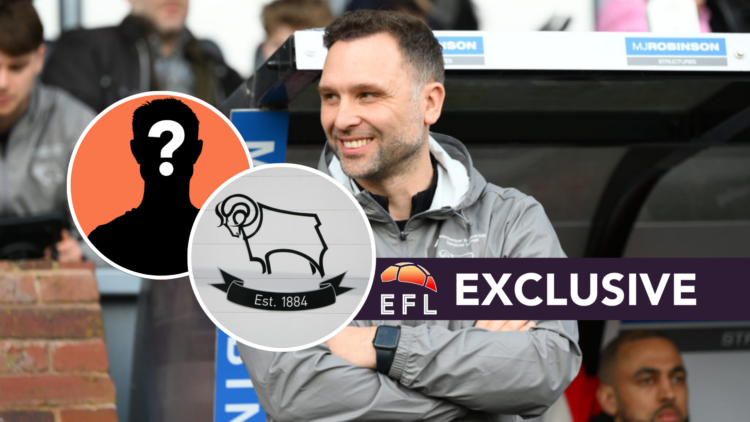Derby County manager John Eustace smiles on the touchline before the Championship game between Derby County and Millwall, and inset, Derby County F...