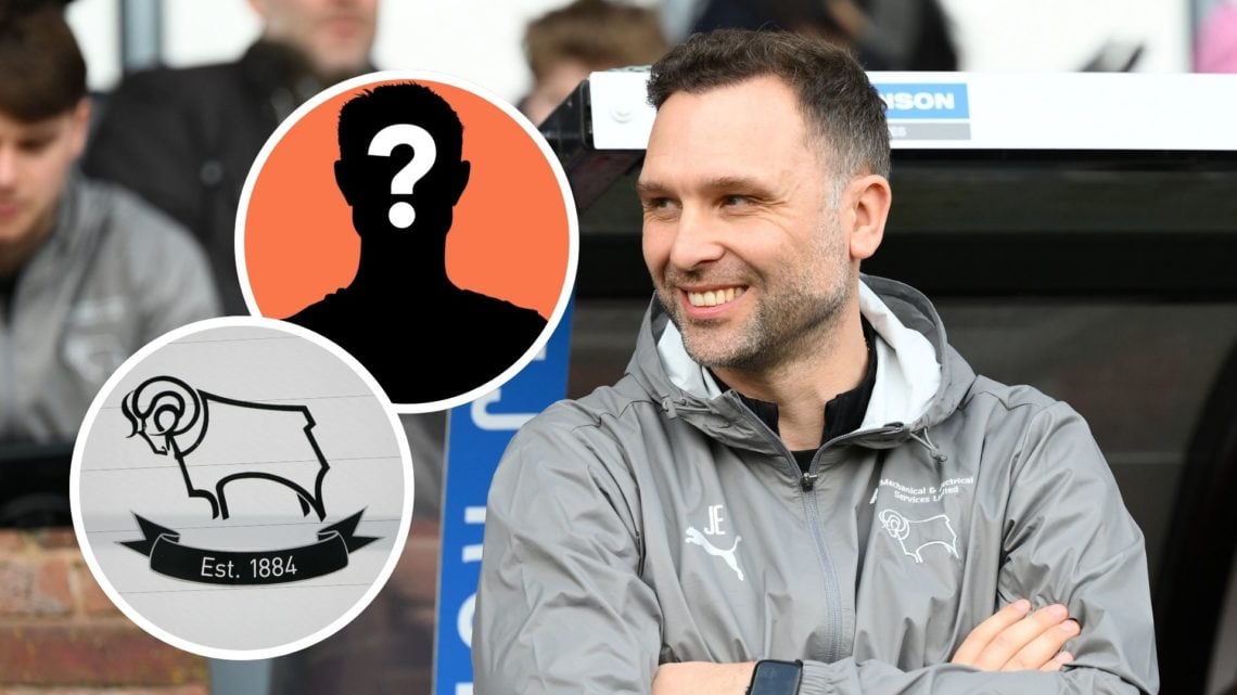 John Eustace manages Derby County during the Sky Bet Championship match between Derby County and Millwall. Inset, Derby County badge. Inset, Myster...