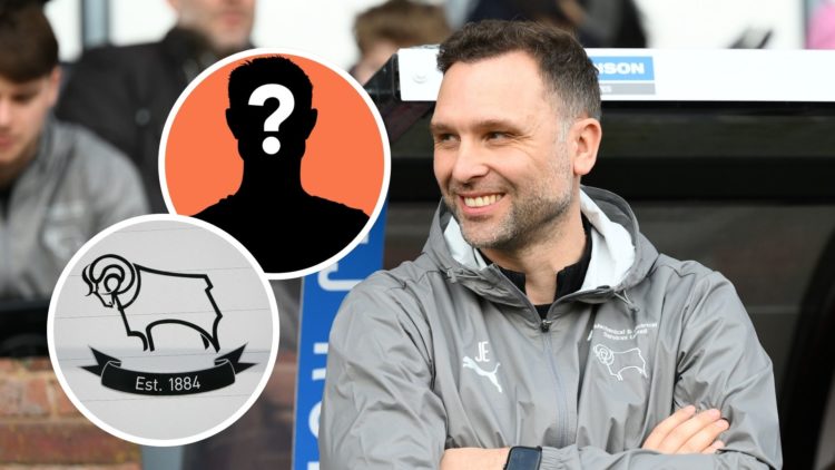 John Eustace manages Derby County during the Sky Bet Championship match between Derby County and Millwall. Inset, Derby County badge. Inset, Myster...