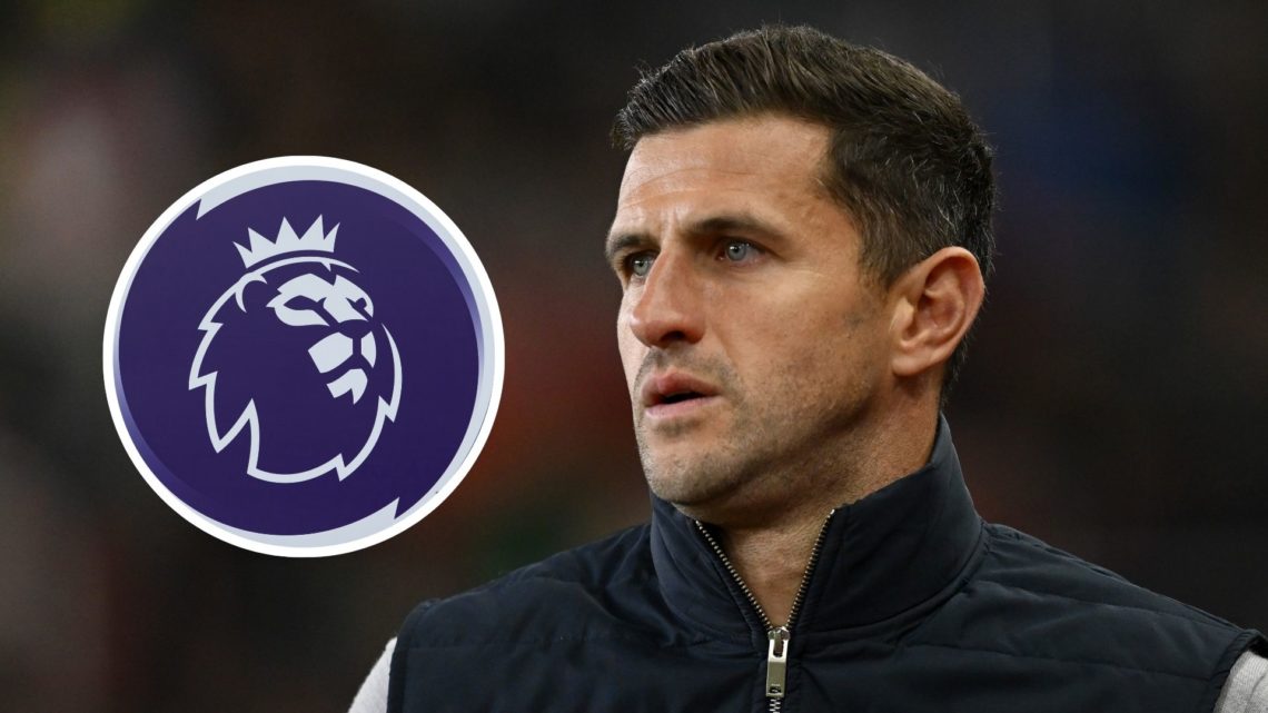 Portsmouth manager John Mousinho during the Sky Bet Championship match between Stoke City FC and Portsmouth FC. Inset, Premier League logo